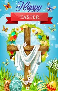 Easter cross with shroud, floral wreath of eggs and spring flowers vector greeting card. Christian religion wooden crucifix with painted eggs, green grass and daffodil, crocus, lily and butterflies