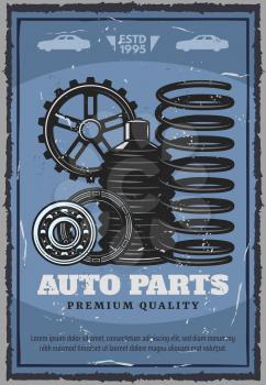 Car service, auto shop of spare parts. Vector vehicle parts with spring and gears, drive belt and boot, car silhouette