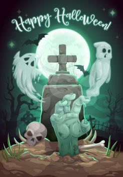 Halloween horror night cemetery with tombstone and monsters. Vector Halloween Trick or Treat holiday full moon graveyard with zombie hand, skull and ghost spook