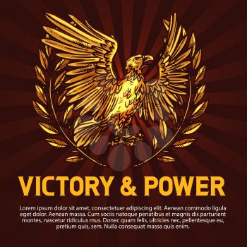 Victory and power eagle, heraldry. Vector mythical bird with golden plumage or feathers and laurel wreath. Griffin with spread wings as symbol of strength, olive wreath
