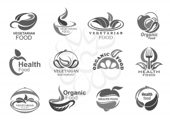 Vegetarian food vector icons of healthy, organic and vegan meal. Fresh fruits, vegetables and cereal grains on restaurant serving tray with plate, fork and lid, decorated with leaves. Emblems design