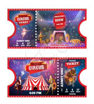 Circus ticket vector templates and carnival amusement show pass card. Trained animals, air acrobat and juggler, magician and tamer performing on top tent arena. Chapiteau event invitation flyer design