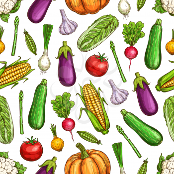 Vegetables seamless pattern of beans and veggies vector background. Onion, tomato and carrot, chinese cabbage, garlic and eggplant, corn, pumpkin and radish, pea, zucchini and cauliflower backdrop