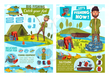 Fishing sport, fisherman equipment and fish catch vector posters. Fishing camp with fishers, rod and hook, boat, net and tent, marlin, salmon and trout, carp, pike and perch, angler tackle, spinning
