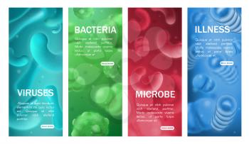 Viruses, bacterias, microbes and germs of infectious disease vector banners. 3d cells of harmful microorganisms and pathogens. Healthcare, microbiology science, epidemiology and infectiology medicine