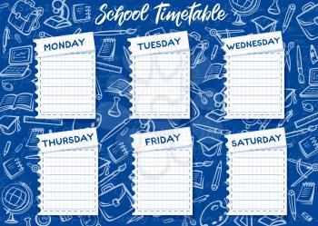 School timetable and weekly schedule vector design on blue chalkboard background. Student lessons plan template on notebook paper sheets with chalk sketches of book, globe and pencil, computer, paint