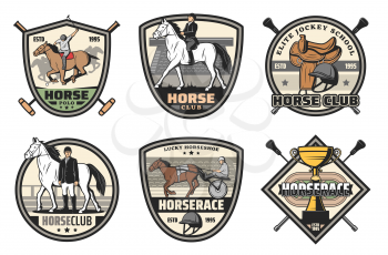 Horse race, polo and riding club vector badges of equestrian sport design. Racehorse, jockey and winner trophy cup, rider helmet, saddle and hippodrome retro icons with crossed whips and mallets