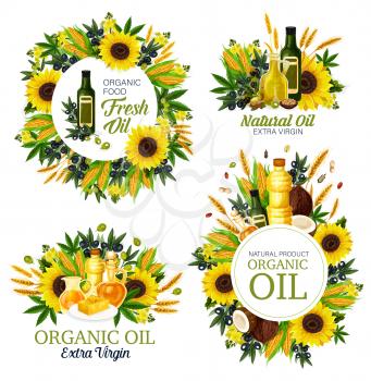 Natural oil, cooking dressing, olive and hemp, sunflower and corn, coconut and wheat spike, rapeseed. Healthy organic food, butter or margarine on plate. Bottles or jugs, liquid seasonings