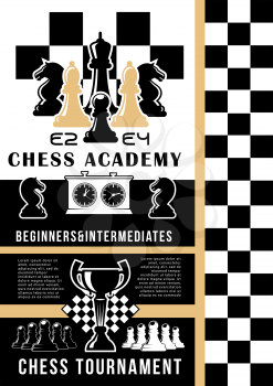 Chess academy, game teaching, game pieces. Vector chessboard and trophy cup, king and queen, bishop and pawn, rook or castle and knight. Competition and tournament, intellectual contest
