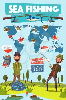 Sea fishing sport, fisherman with rod and net full of fish. Vector map with locations and fishery equipment, rod and bait, crucian and herring. Carp and marlin, crab and lobster, octopus and bass