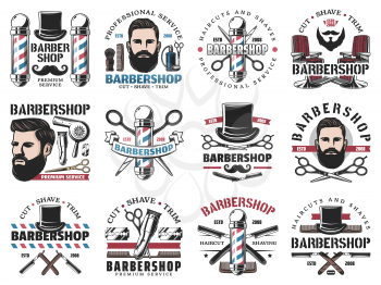 Beard shaving and styling, barbershop isolated icons. Vector haircut and hairstyle, professional barber or hairdresser. Scissors and trimmer, brush and male perfume, tall hat and armchair, razor blade