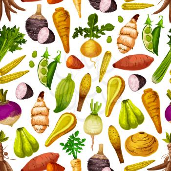 Exotic vegetable seamless pattern. Vector peas and baby corn, celery and sweet potato, turnip and radish, parsnip and taro. Arrakacha and swede, cassava and artichoke, chayote and caiga