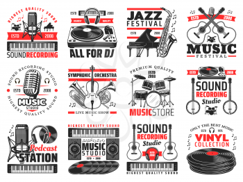 Musical instruments, sound recording studio icons. Vector microphone and synthesizer, DJ panel and headphones, piano and saxophone, guitar and violin, trumpet and drums, banjo and vinyl disk