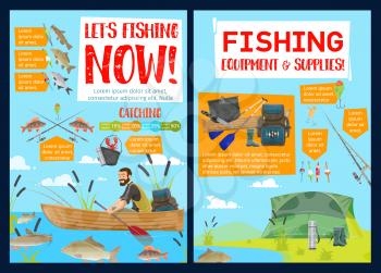Fishing sport equipment and supplies, camping travel. Vector fisherman in boat and fishery items, river fish. Backpack and cauldron, tent and gumboots, perch and carp, bream and catfish, crayfish
