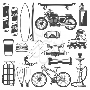 Hobby activities and sport recreation icons. Vector snowboard and surfboard, skateboard and vape. Motorcycle and game, roller and videography, hoverboard and scuba diving, bicycle and hookah