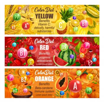 Yellow, red and orange days, color diet. Vector pear, pineapple, applee and watermelon, peach and mango, wheat and papaya. Healthy food fruits, vegetables and vitamins B, C, D and minerals banners