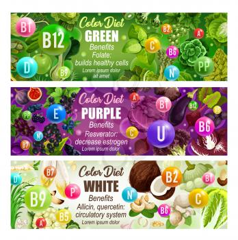 Green, purple and white color diet ingredients. Vitamins banners with fruits, vegetables and minerals. Health and immunity, vector cabbage and eggplant, coconut and grape, salad and cauliflower