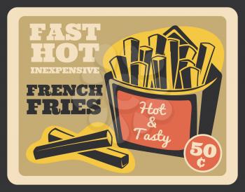Fast food retro banner with french fries snack. Crispy vector fried potato slices in cardboard pack vintage poster, fastfood cafe signboard. Street hot and tasty meal