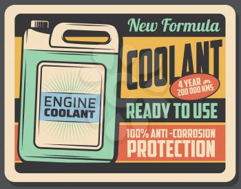 Car engine coolant product in plastic container, vector retro poster. Emulsion in liquid form, garage station vintage billboard. Vehicle service and maintenance