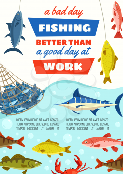 Fishing sport poster, fish in net at river bank. Vector carp fish, blue marlin and perch, pike and herring, trout and bream, crab and salmon. Outdoor activity and fishery industry theme