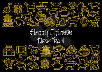 Happy Chinese Lunar New Year festive poster with linear icons. Zodiac animals and temple, golden sycee, noodle and lucky, teapot and fan. Fireworks and old gold ingot vector icons