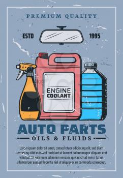 Auto chemical goods and spare for vehicle maintenance. Vector window cleaner and coolant, antifreeze and mirror vintage leaflet. Garage station service and vehicle maintenance