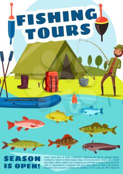 Fishing sport tour, vector fisher and fish. Fisherman standing with rod near camp with boat and tent, backpack and campfire pot, boots and baits. Herring and trout, catfish and carp