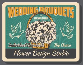 Wedding bouquets, bridal ceremony element, flower design studio. Vector petunias basket, doves or pigeons, bride accessory, florists shop. Marriage celebration, family event, arrangement service