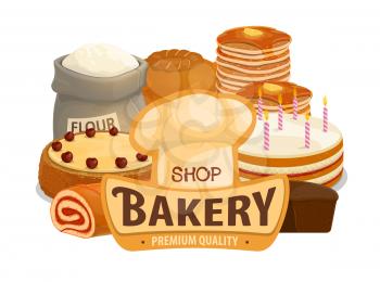 Bakery shop bread, patisserie pastry and desserts. Vector baker hat with wheat flour bag, donut or muffin and croissant with buns, pancakes or bagel and toast bread