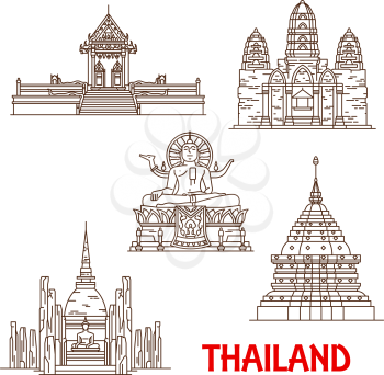 Thailand famous historic architecture and Buddhist shrine temples. Vector thin line facades of Samui Wat Khunaram, Big Buddha statue, Phra That Doi Suthep in Chiang Mai and Mahathat in Ayutthaya