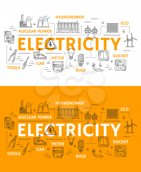 Electricity and power plants thin line icons. Vector electrician tools ammeter, voltmeter or wires and light bulb with hydropower, nuclear power plant and eco energy sources