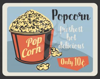 Popcorn fast food menu, cinema bar or cafe. Vector retro poster of sweet or salty fastfood popcorn basket, restaurant delivery or takeaway with dollar price