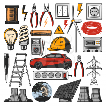 Electricity equipment and electrician tools icons. Vector power plant, electro car or light bulb and ammeter with voltmeter, solar energy battery or lamp switcher and electric socket