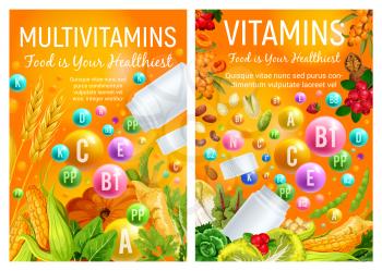 Vitamin pills in healthy food of fruits, organic vegetables and natural nuts or cereals and berries. Vector multivitamin pharmaceutical complex, diet and healthy nutrition theme