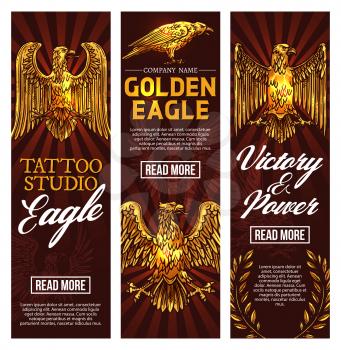 Gothic eagle tattoo studio. Vector sketch heraldic golden griffin with beak, spread wings and claws in laurel wreath as victory and power symbol