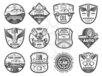 Autoservice and vehicle repair station vector icons. Mechanic garage signs of engine restoration, oil change or tire fitting and pumping or mufflers and brake pads replacement