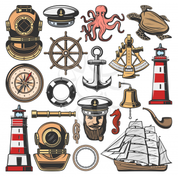 Nautical symbols and marine sailing or seafarer icons. Vector ship navigation equipment, frigate sail, anchor and helm, turtle, beacon, octopus, captain in hat with smoking pipe, spyglass and sextant