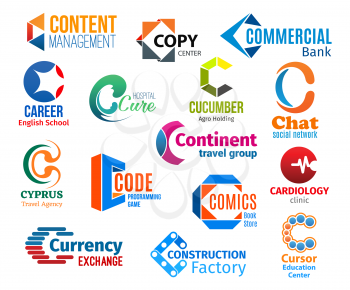 Corporate identity letter C business icons. Vector management, typography and banking, education, medicine and agriculture. Internet and travel. Technology and books, health and currency, construction