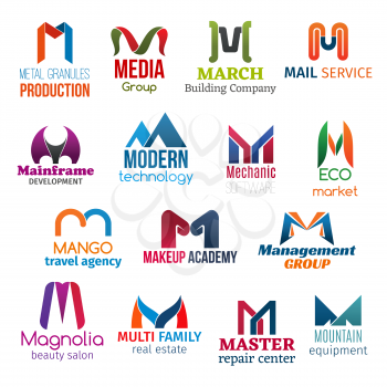 Corporate identity letter M business icons. Vector production and media, building, mail and development, technology. Mechanic and ecology, travel, beauty and management, estate and repair, equipment