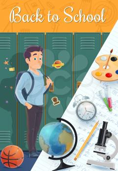 Back to school vector design of cartoon student and education supplies. Boy standing near school lockers, backpack and pencil, globe, alarm clock and microscope, basketball ball and paint palette