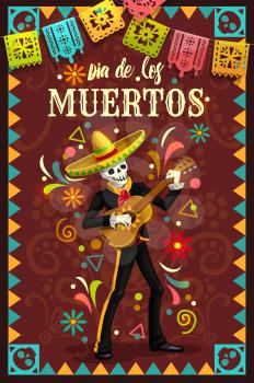 Dia de los Muertos skeleton skull playing guitar in mexican holiday mariachi sombrero and suit. Day of the Dead religion festival vector design with Halloween zombie musician and festive flags