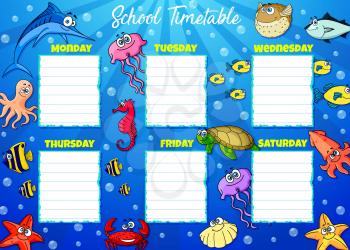 School timetable, cartoon underwater world week schedule. Vector student classes weekly table or school timetable chart template with sea animals, turtle or starfish and exotic fishes