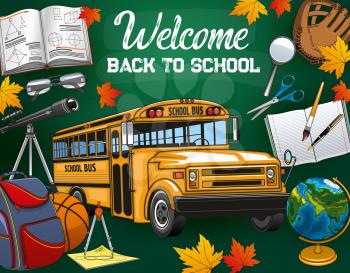 Bus and stationery tools, Back to school invitation. Vector welcome to school leaflet with autumn leaves, volleyball glove and scissors, globe and backpack. Compass and spyglass, glasses and pen