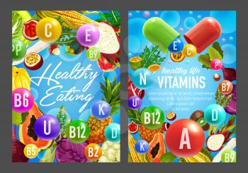 Food rich in vitamins, vector pills, vegetables and fruits. Orange, papaya and exotic durian, cabbage, asparagus and beet, pineapple, corn and pomegranate with vitamin pills