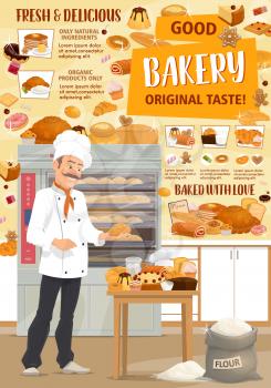 Bakery shop. Vector baker, bread and pastries. Pastry chef with bread, baguette and croissant, cake, bun and toast, pie, donut and cookie, candy, gingerbread and biscuit. Confectionery theme