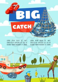 Fishing boat and fisherman with fish catch in net, lure and tackle, bait, rod and hook. Man fishing on river, vector. Outdoor activity, sport and hobby theme
