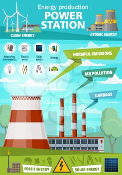 Energy and electricity power production. Vector nuclear power plants, solar energy battery, industrial air and planet nature pollution or alternative electricity fossil sources