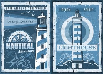 Nautical lighthouse vintage poster of seafarer marine safety sailing adventure. Vector retro ocean or sea beacon on shore with light beams and seagulls in blue waves