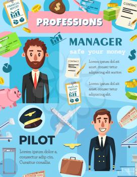 Pilot and manager professions in aviation and business industry. Vector people and professional work items, pilot crew or airport staff and flight attendant, company director or office worker