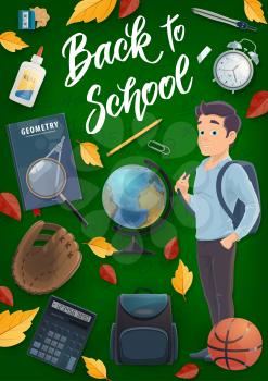 Student with school and education supplies vector design. Backpack, book and notebook, globe, pencil and calculator, alarm clock, basketball ball, baseball glove and sharpener on chalkboard background